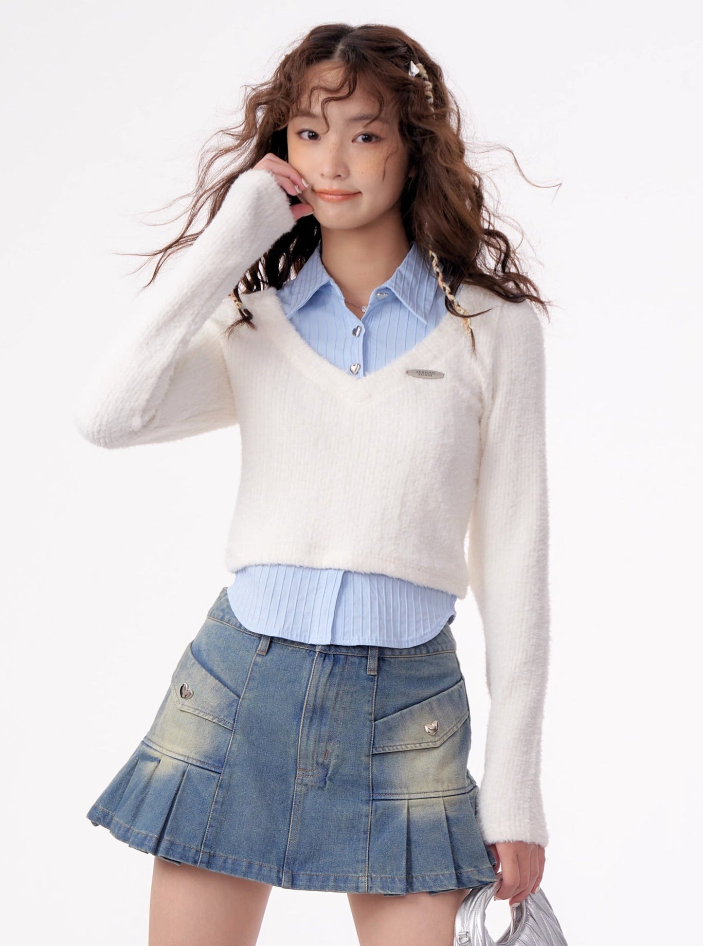 American vintage fake two-piece set long sleeve top