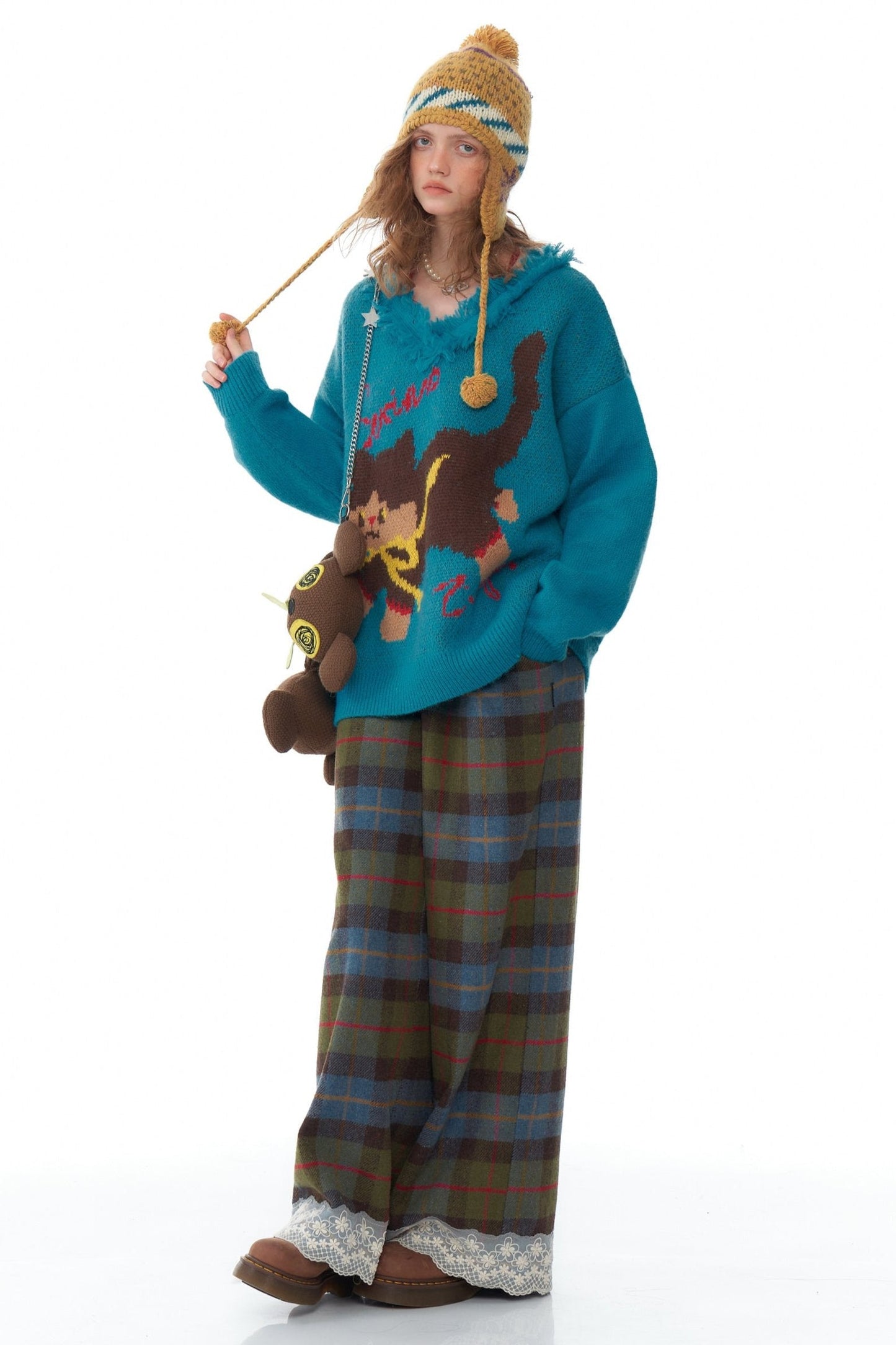 Retro Plaid Lace Stitched Pants