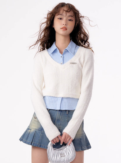 American vintage fake two-piece set long sleeve top