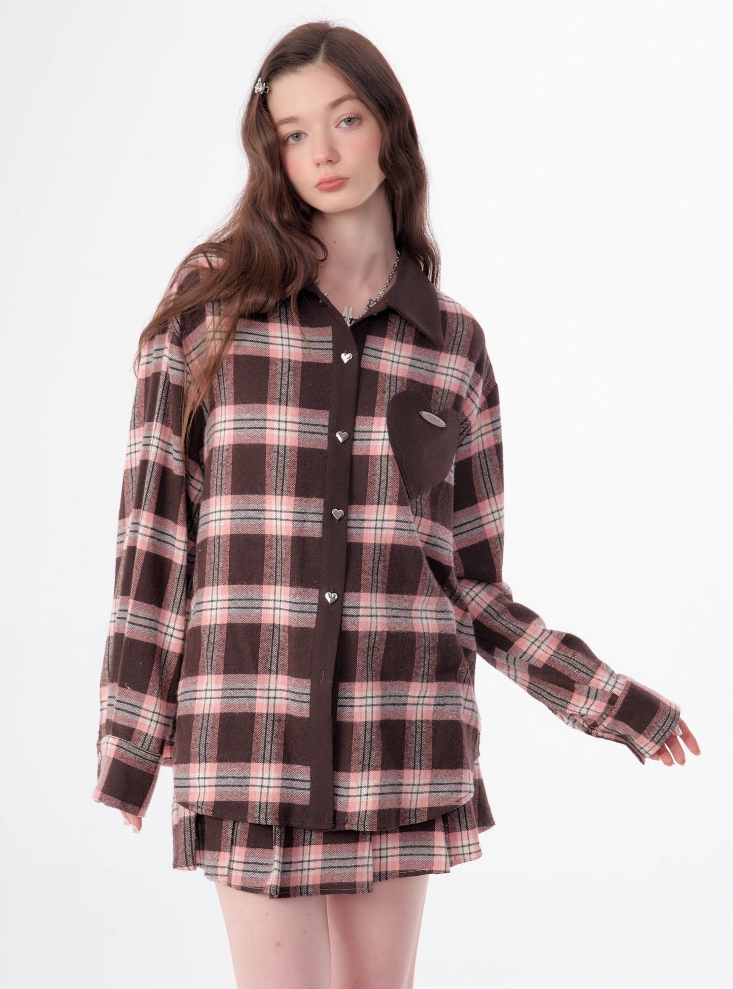 American retro casual love plaid long sleeve Shirt