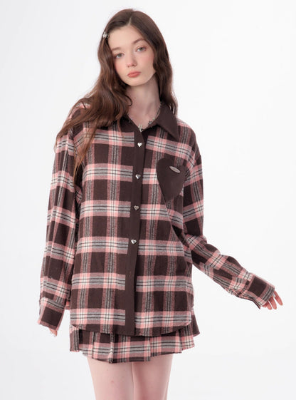 American retro casual love plaid long sleeve Shirt