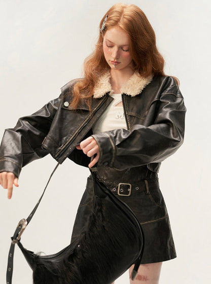 distressed spray painted zipper short jacket