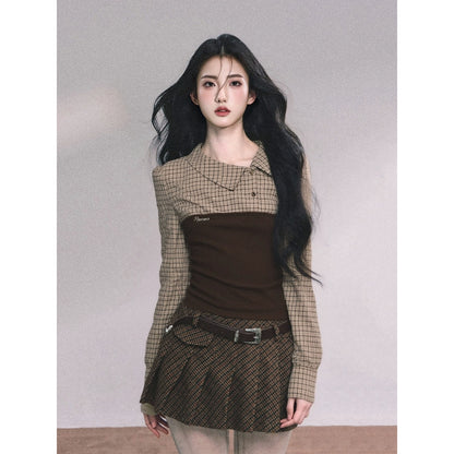 Knitted Long-Sleeved Plaid Top