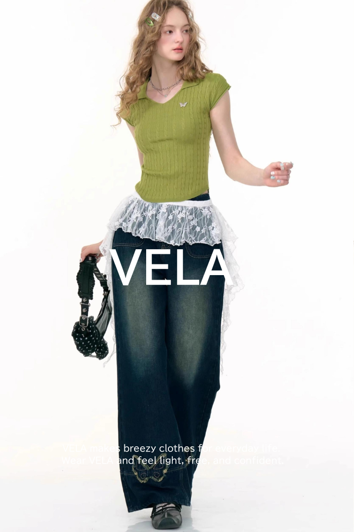 American Retro Butterfly Blue High-Waisted Wide-Leg Jeans