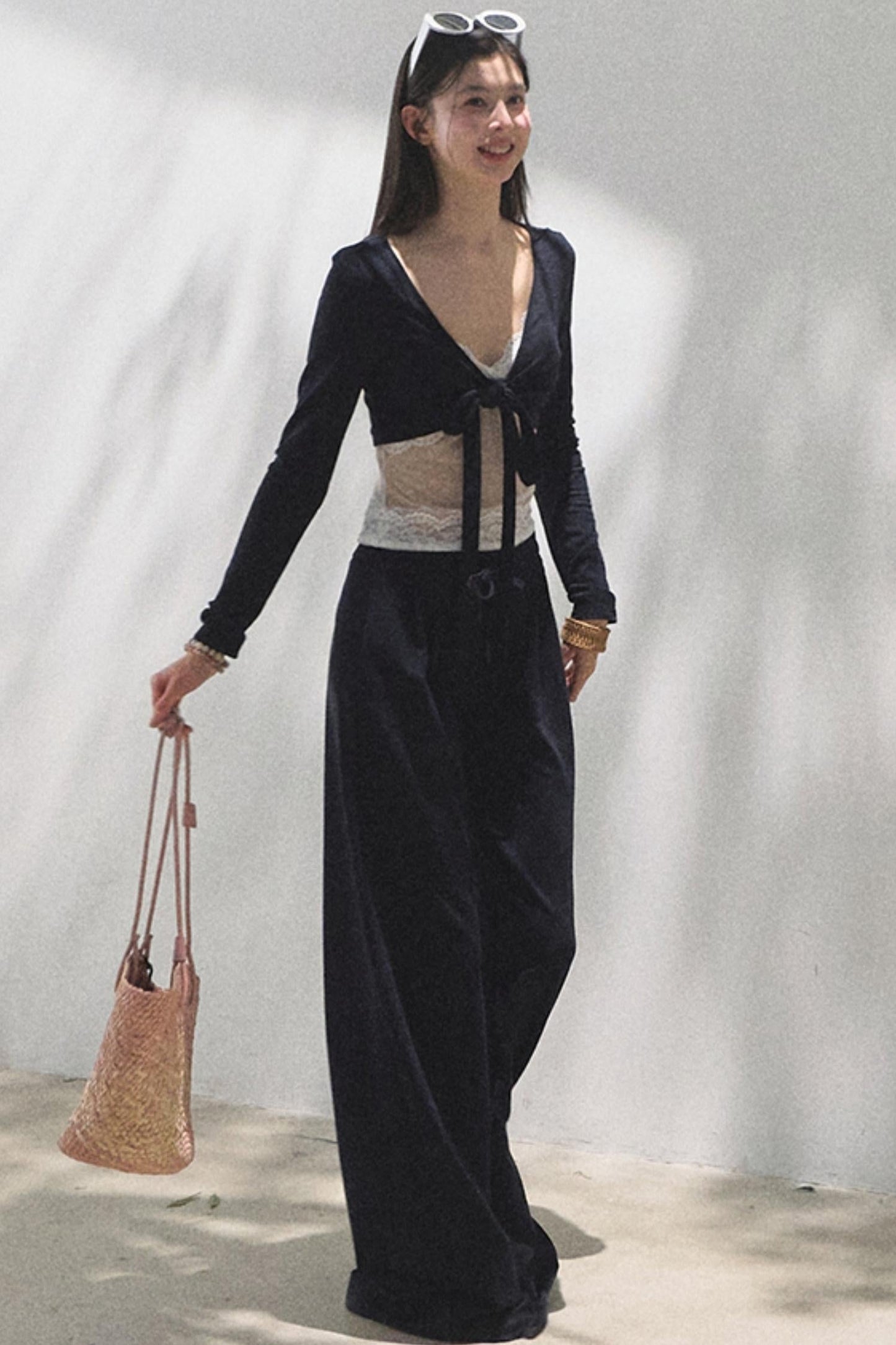 Lace-Up Top &amp; Wide Leg Pants Set-Up