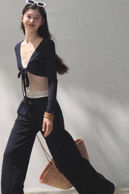 Lace-Up Top &amp; Wide Leg Pants Set-Up
