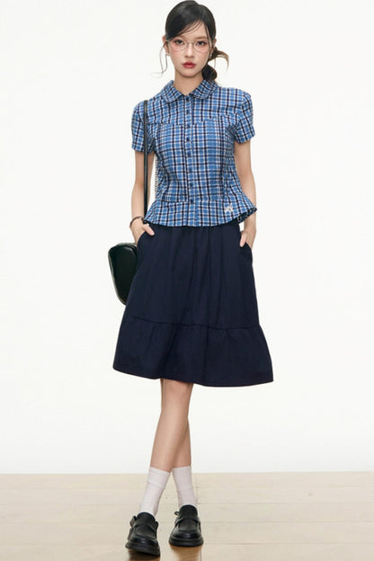 Checked Navy Skirt Shirt Set-Up