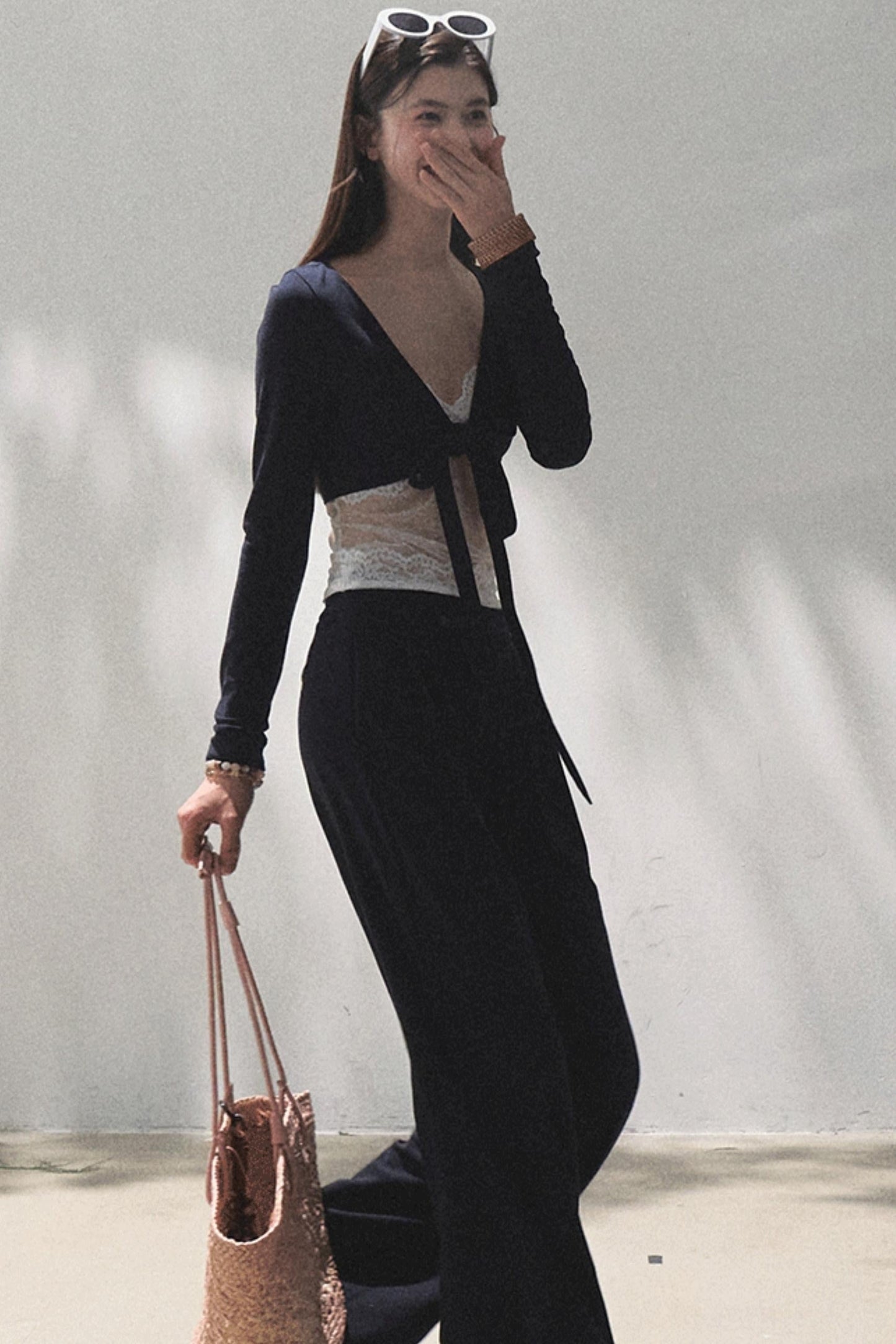 Lace-Up Top &amp; Wide Leg Pants Set-Up