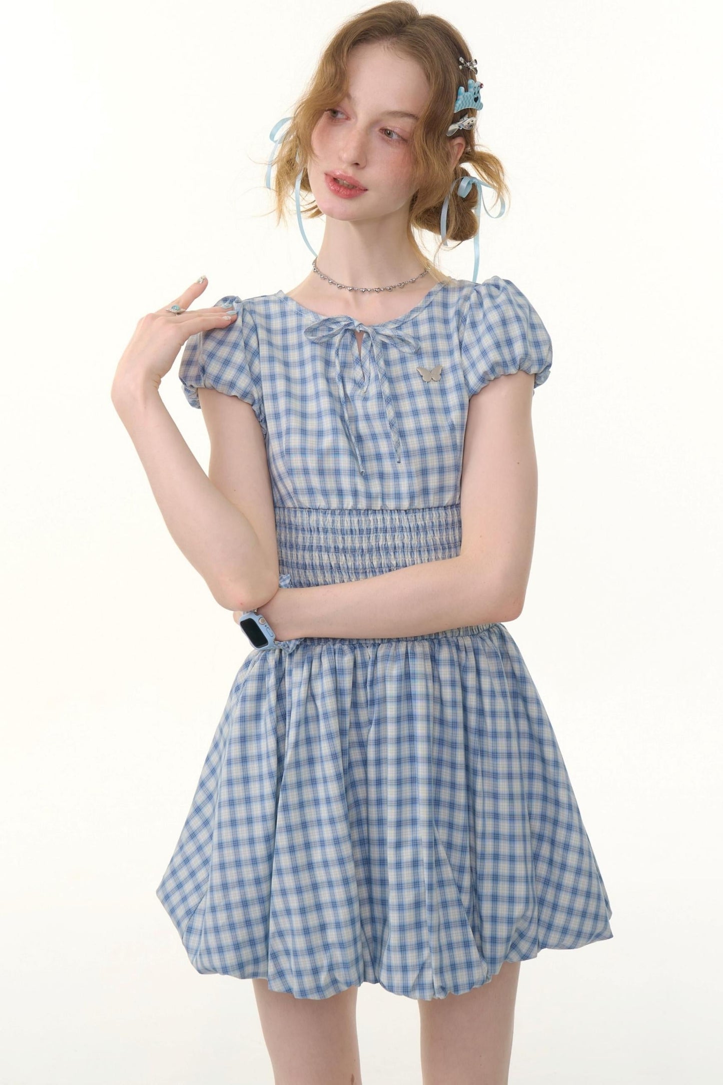 Blue Plaid Puff Sleeve Dress