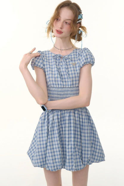 Blue Plaid Puff Sleeve Dress