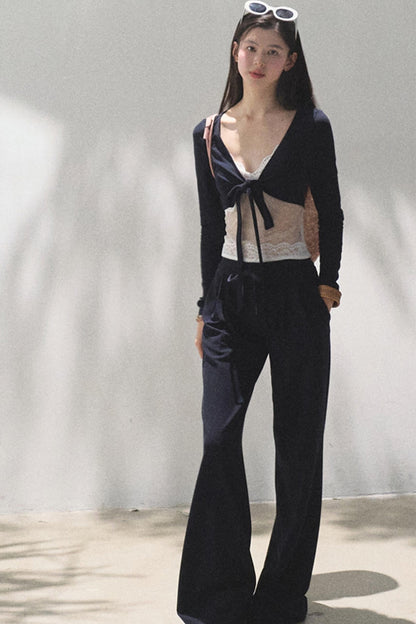 Lace-Up Top &amp; Wide Leg Pants Set-Up