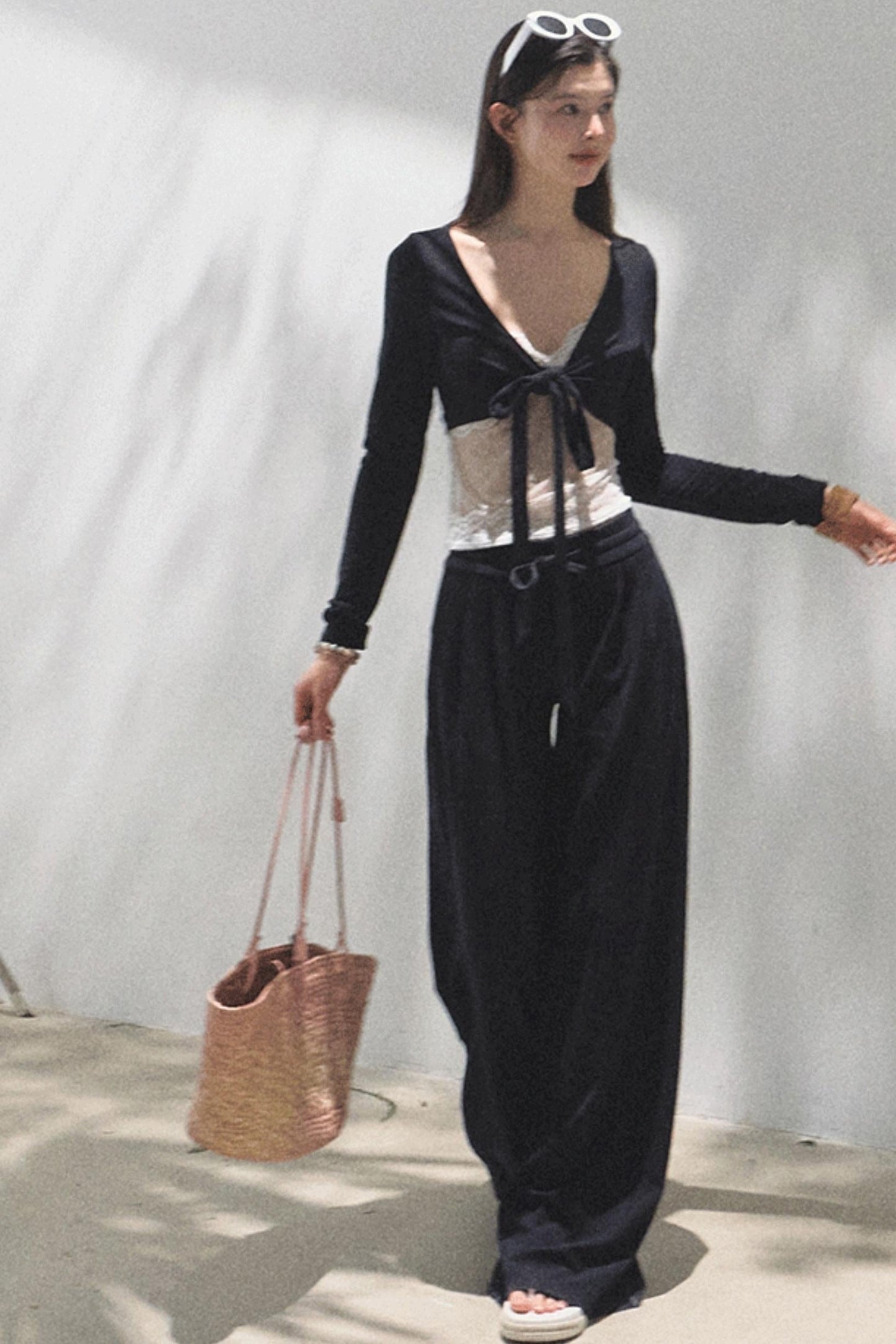 Lace-Up Top &amp; Wide Leg Pants Set-Up