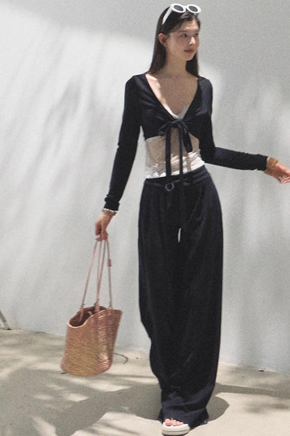 Lace-Up Top &amp; Wide Leg Pants Set-Up