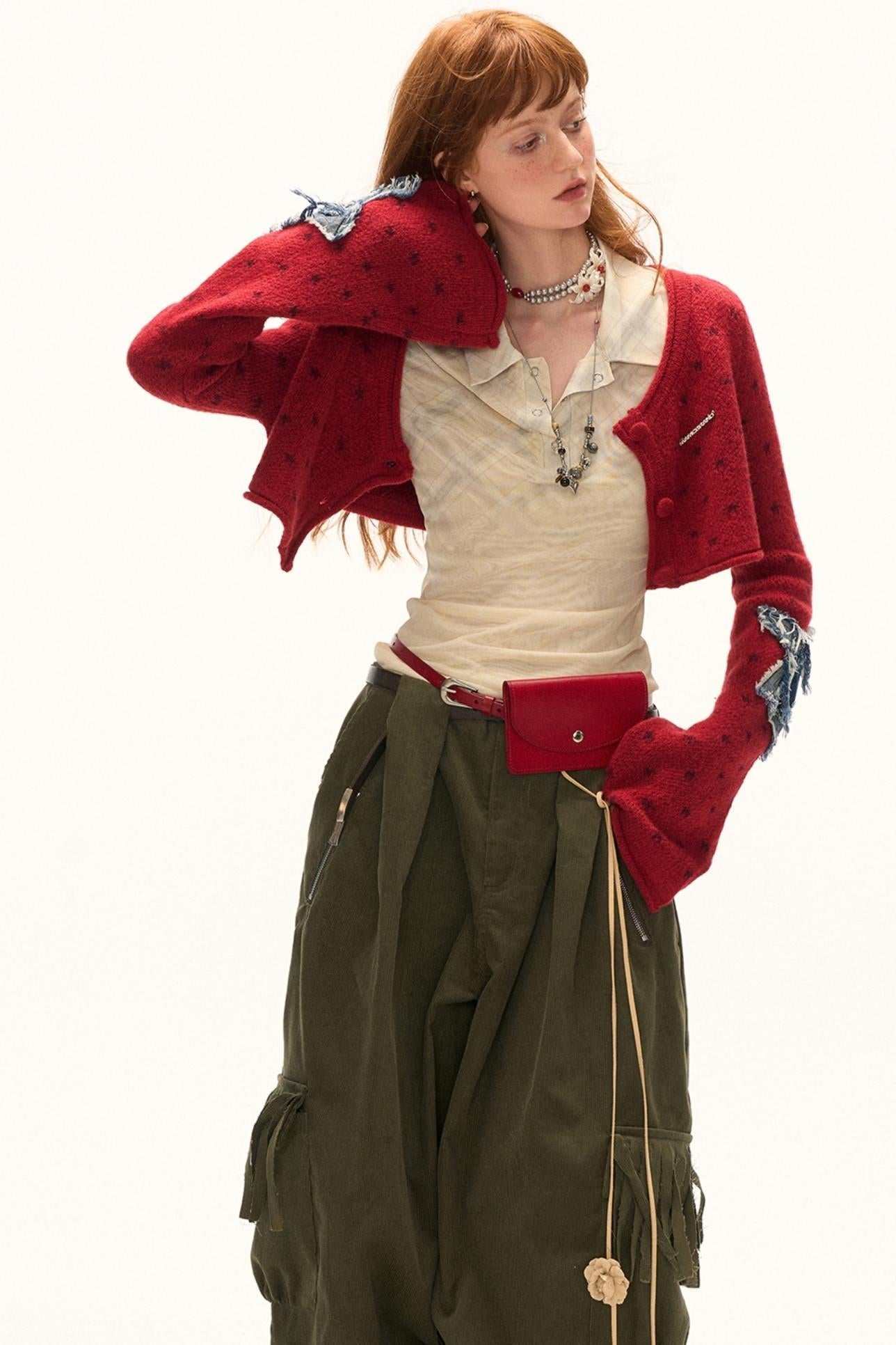 Star Patch Cropped Sweater Jacket