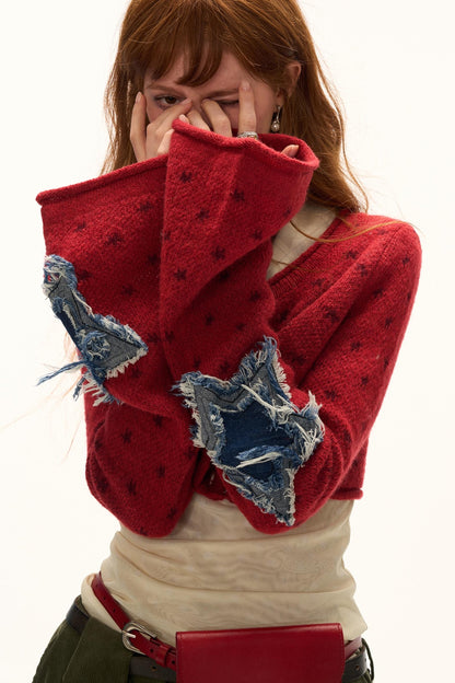 Star Patch Cropped Sweater Jacket