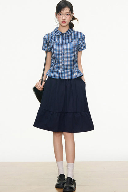 Checked Navy Skirt Shirt Set-Up