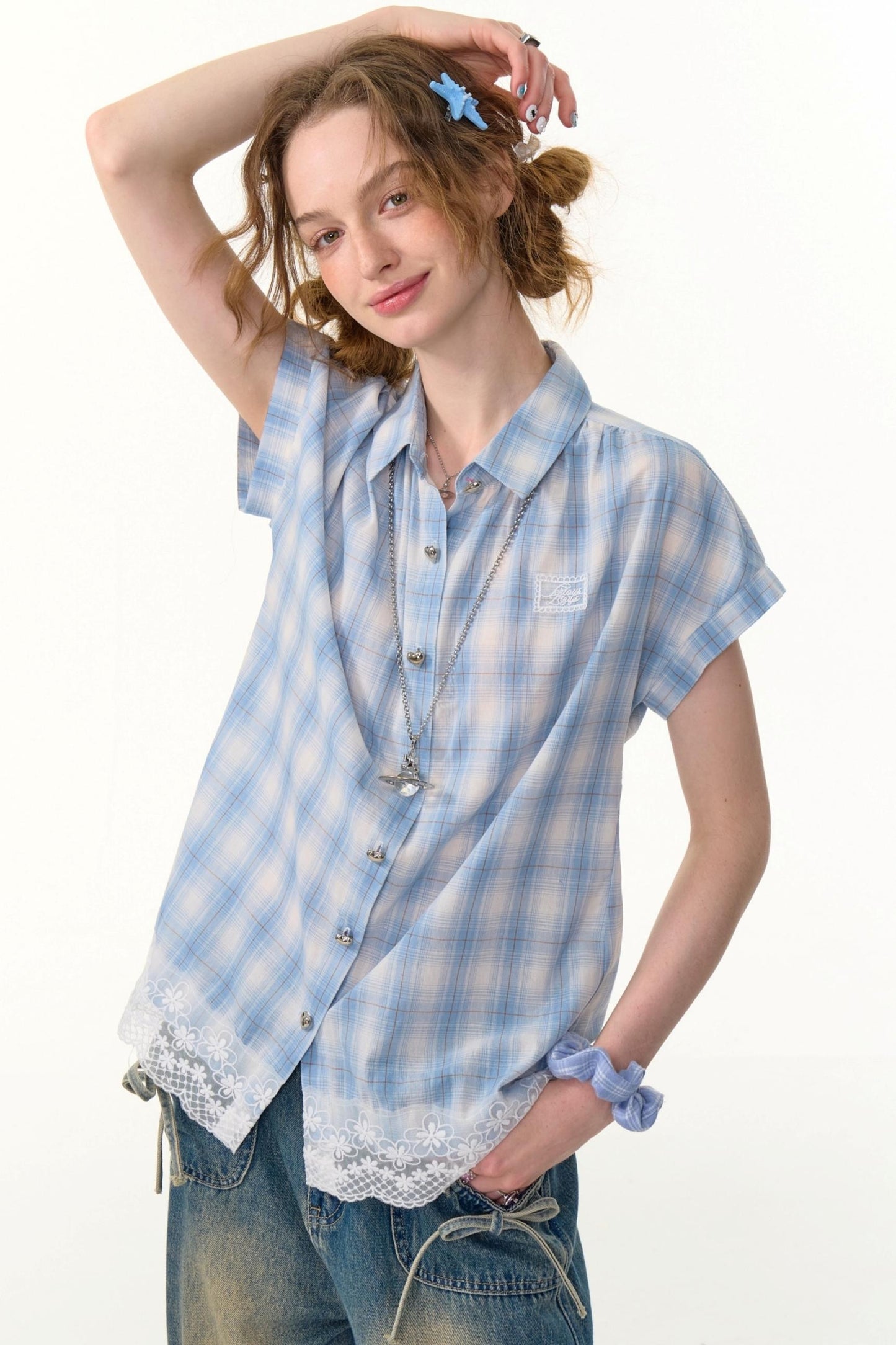 Vintage Blue Plaid Lace Trim Top