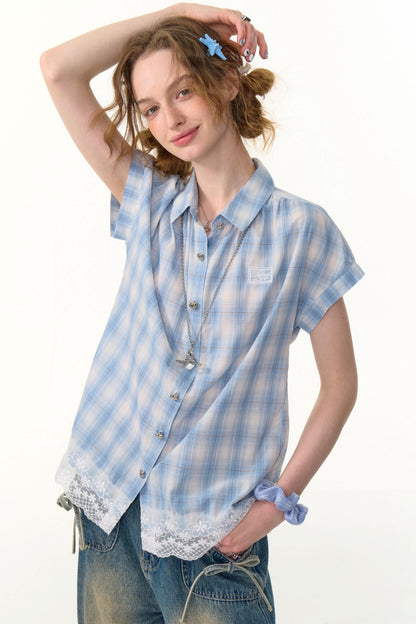 Vintage Blue Plaid Lace Trim Top