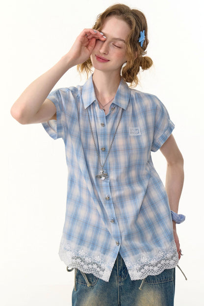 Vintage Blue Plaid Lace Trim Top