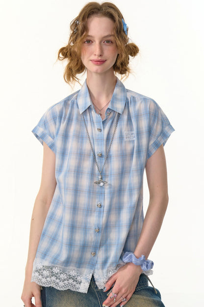 Vintage Blue Plaid Lace Trim Top