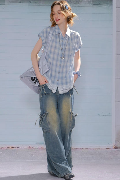 Vintage Blue Plaid Lace Trim Top