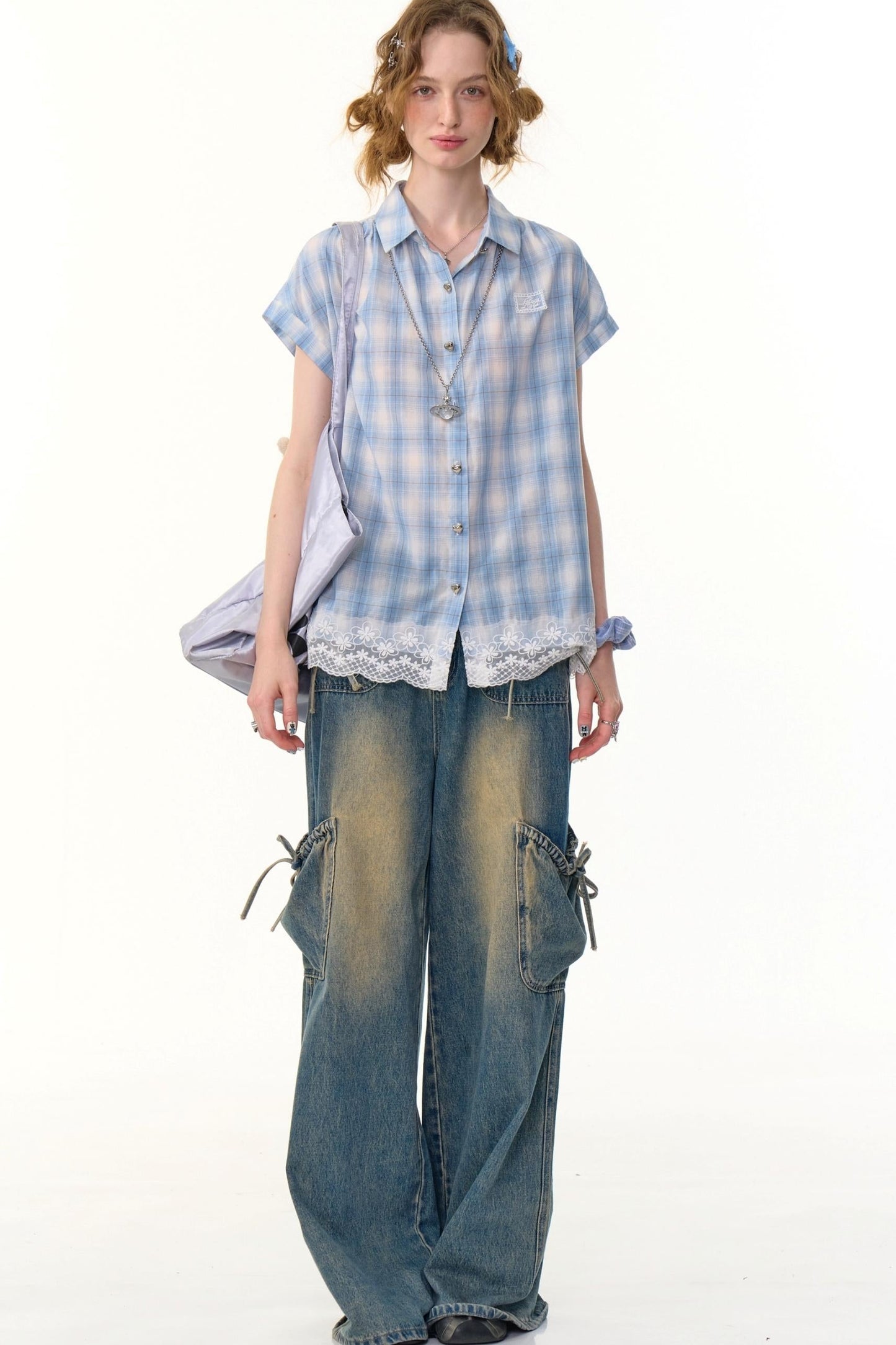 Vintage Blue Plaid Lace Trim Top