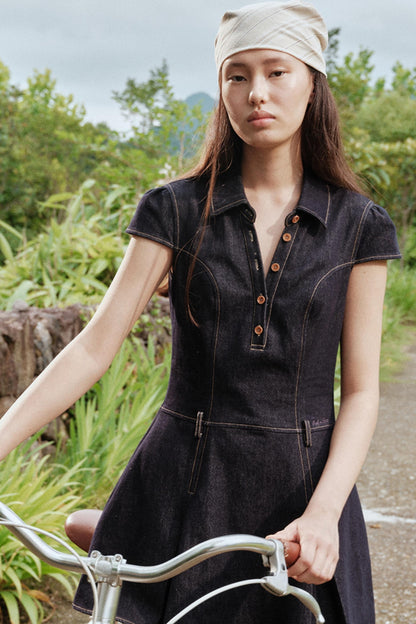 Summer Cicadas Denim V-Neck Waist Dress