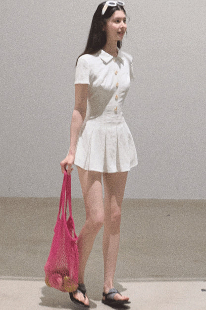 Pleated Textured Shirt Dress