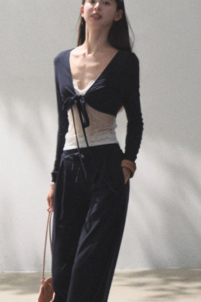 Lace-Up Top &amp; Wide Leg Pants Set-Up