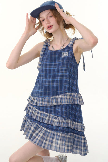 Blue Plaid Halter Dress