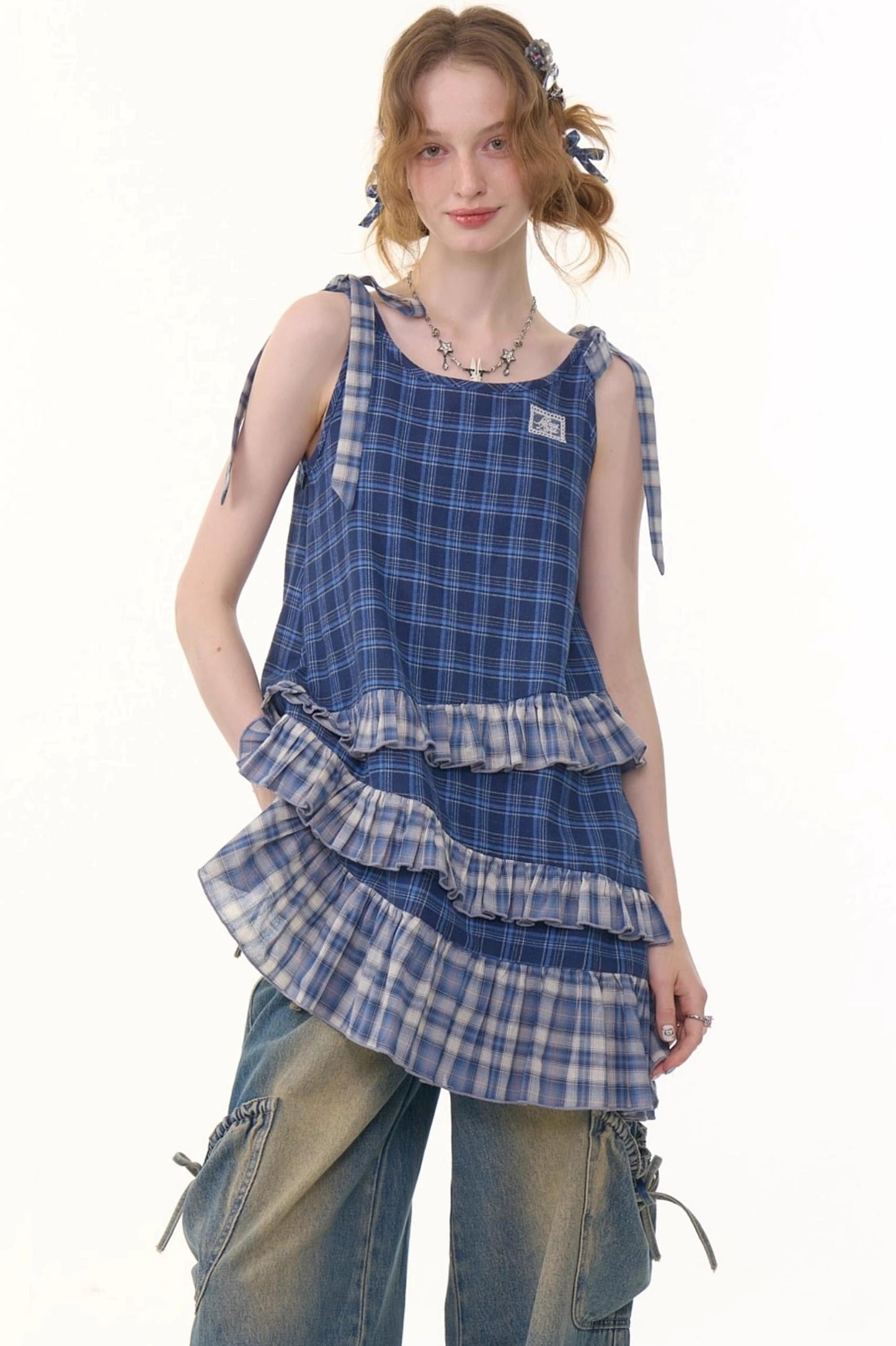 Blue Plaid Halter Dress