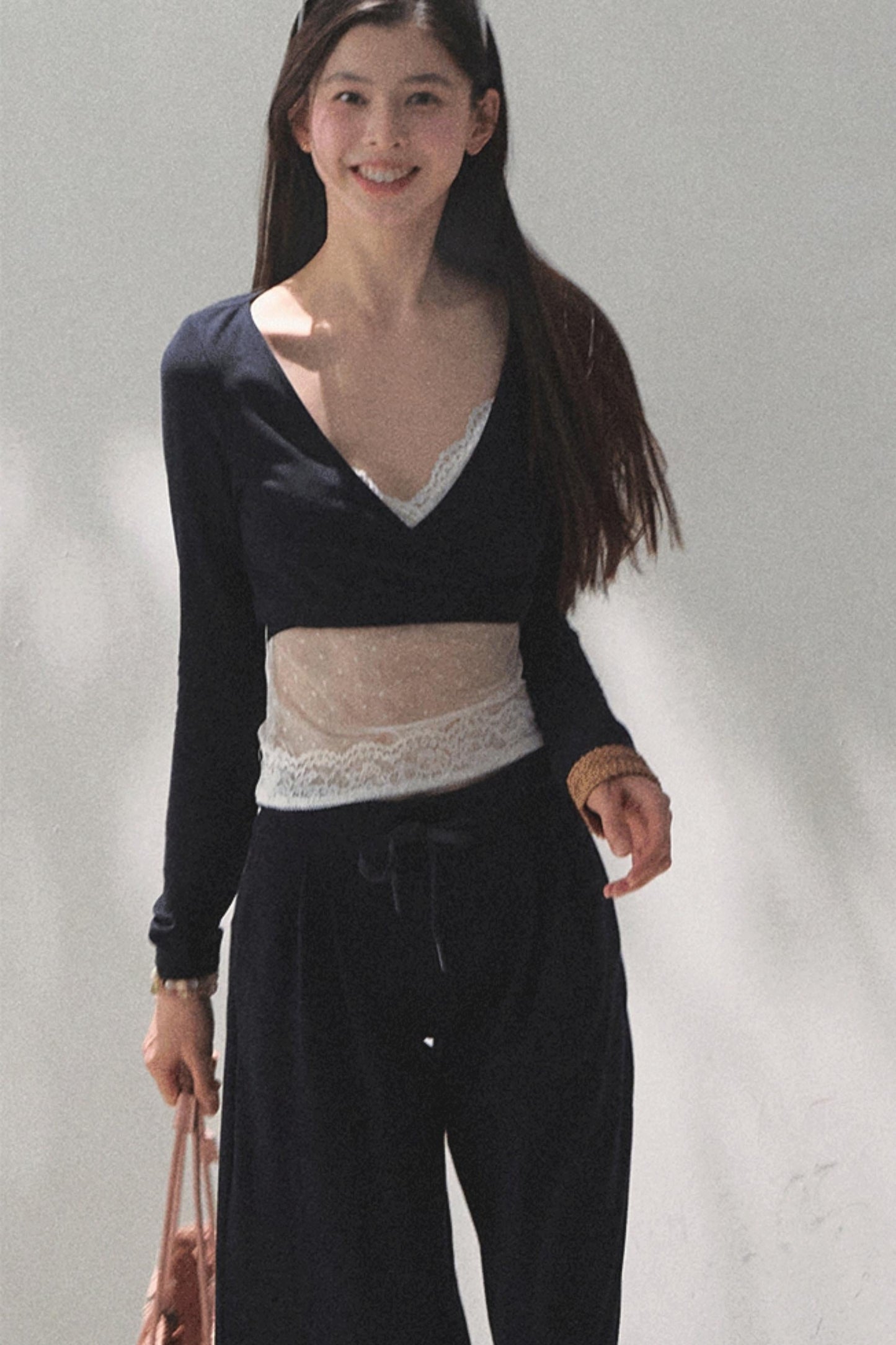 Lace-Up Top &amp; Wide Leg Pants Set-Up