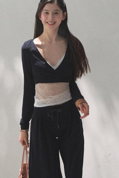 Lace-Up Top &amp; Wide Leg Pants Set-Up