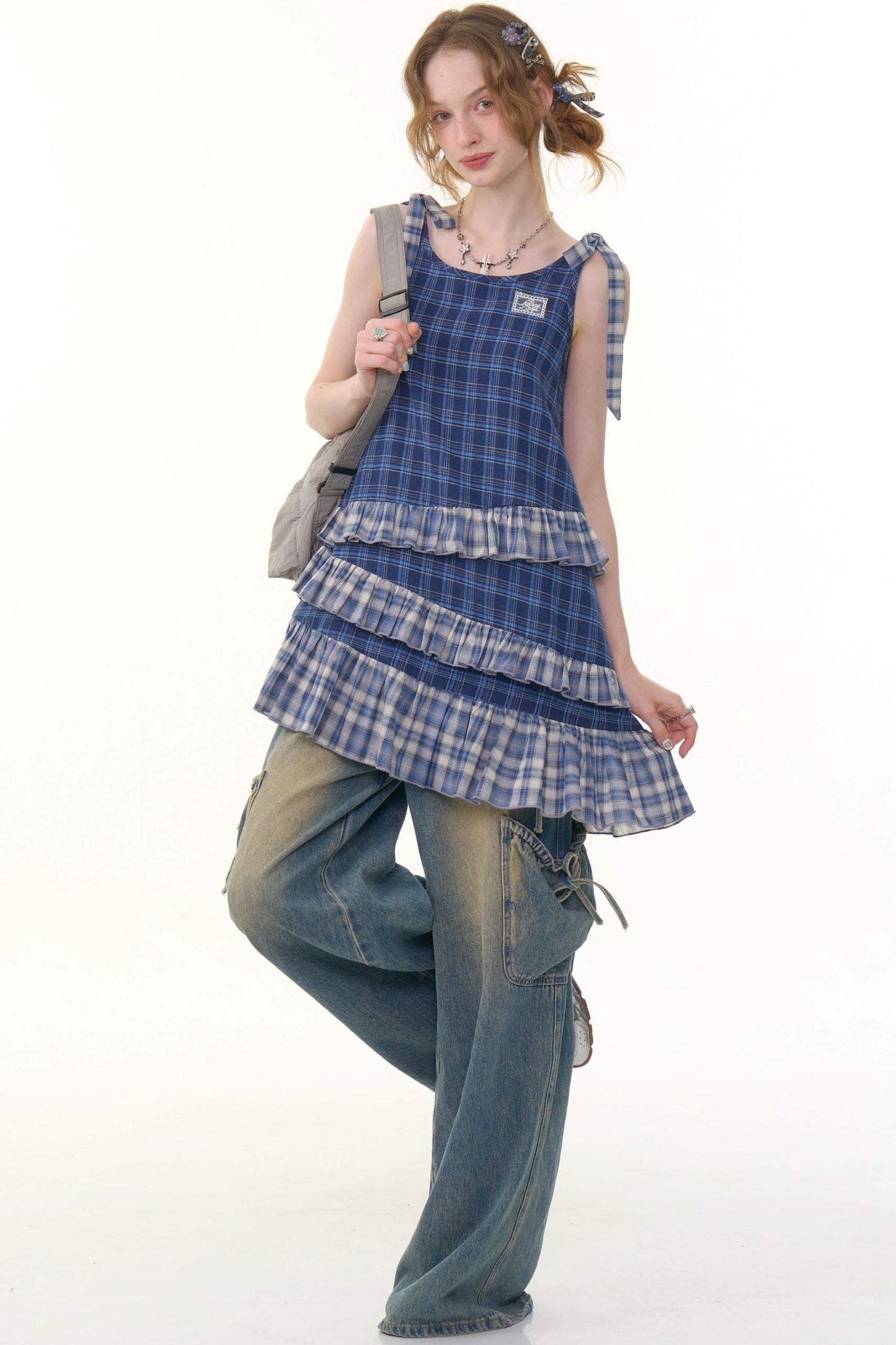 Blue Plaid Halter Dress