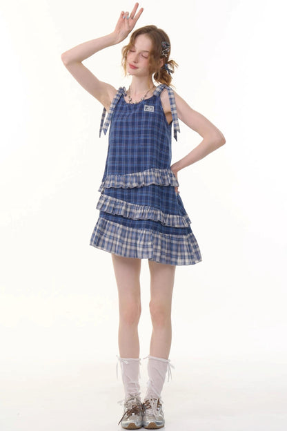 Blue Plaid Halter Dress