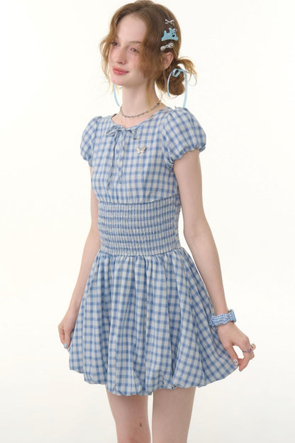 Blue Plaid Puff Sleeve Dress