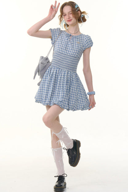Blue Plaid Puff Sleeve Dress