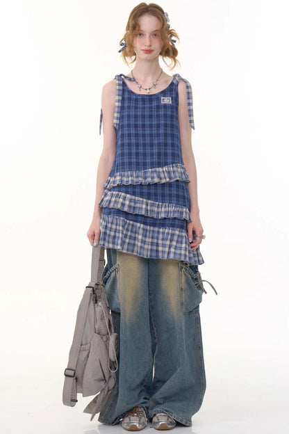 Blue Plaid Halter Dress