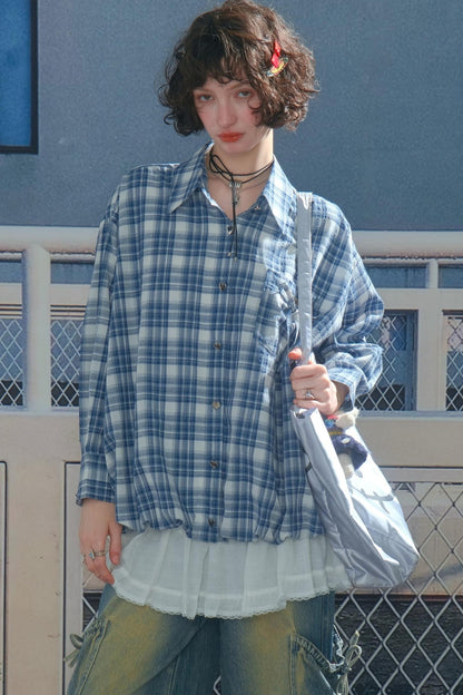 Blue White Plaid Pocket Shirt