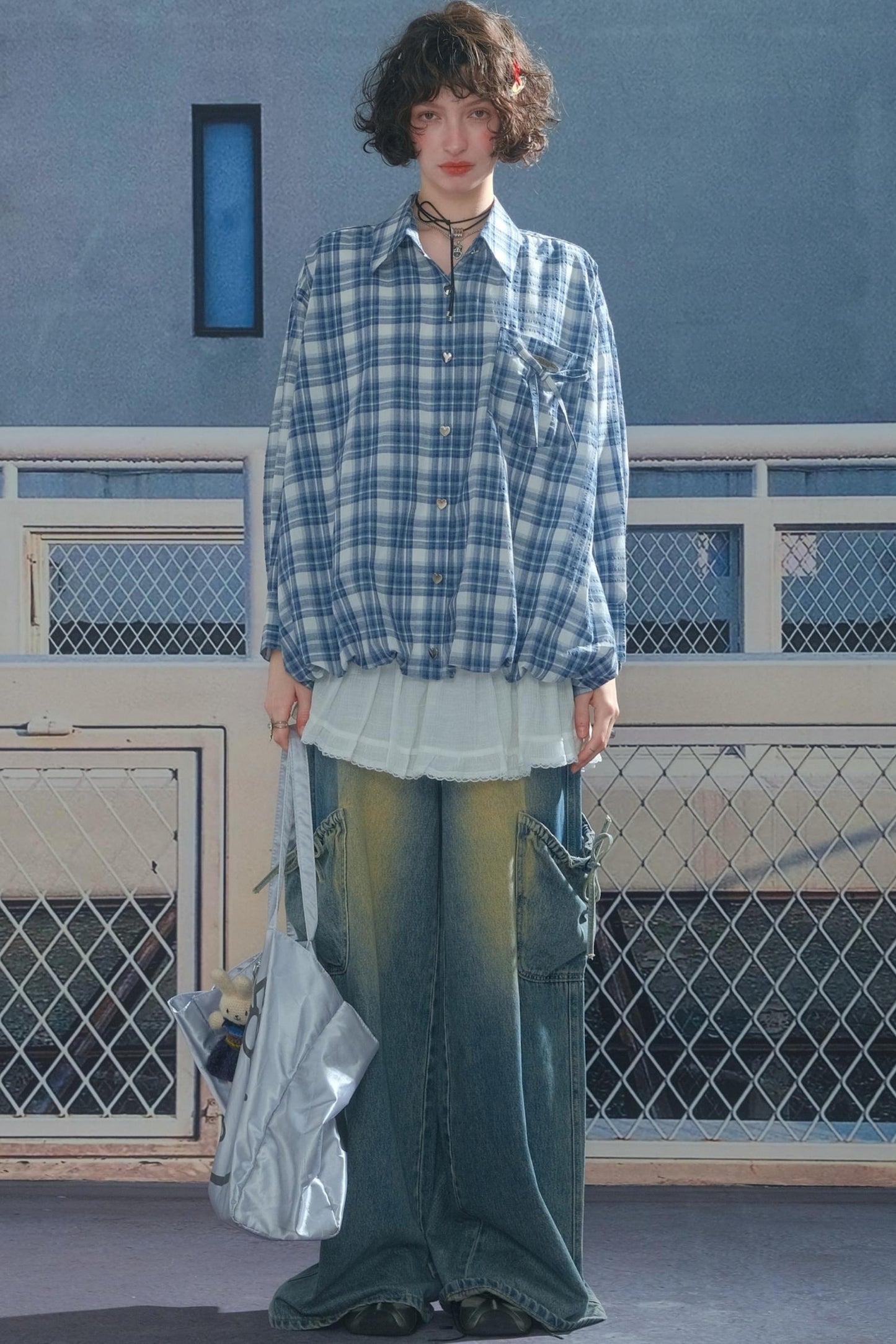 Blue White Plaid Pocket Shirt