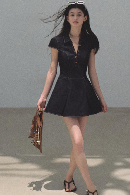 Summer Cicadas Denim V-Neck Waist Dress