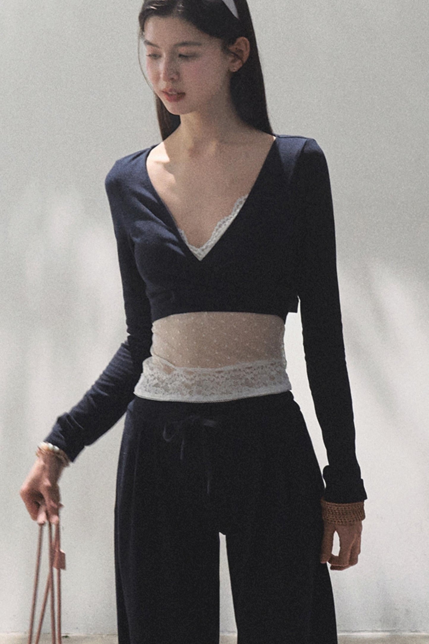 Lace-Up Top &amp; Wide Leg Pants Set-Up