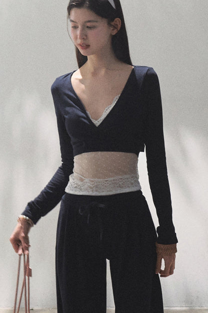 Lace-Up Top &amp; Wide Leg Pants Set-Up