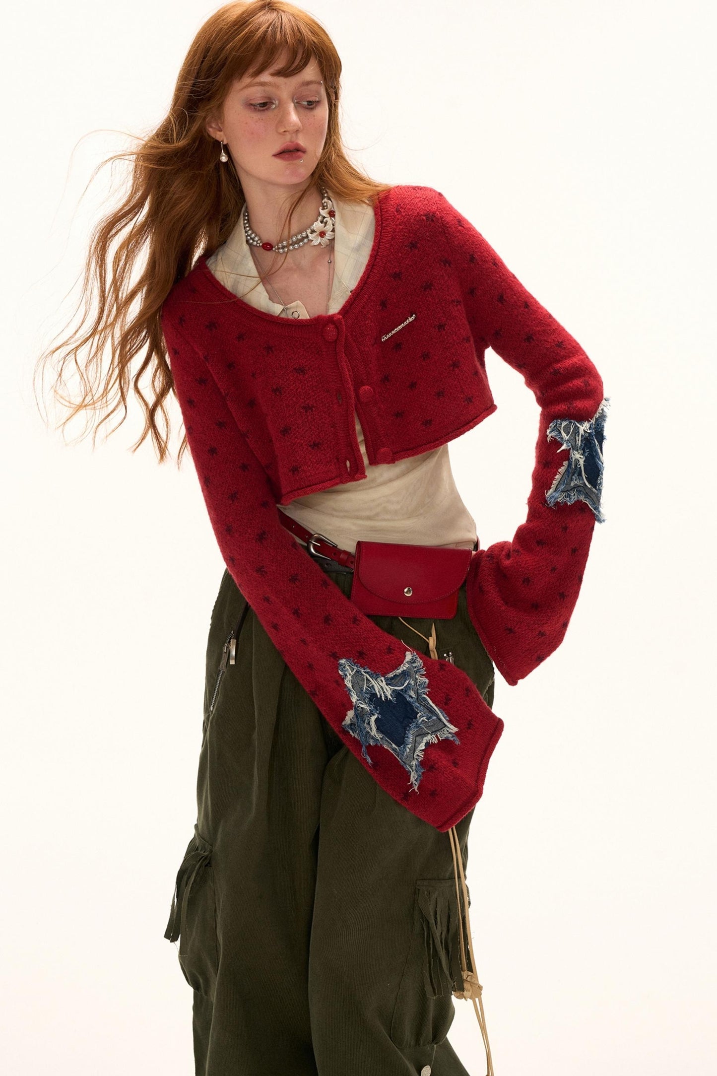 Star Patch Cropped Sweater Jacket