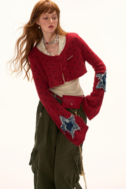 Star Patch Cropped Sweater Jacket