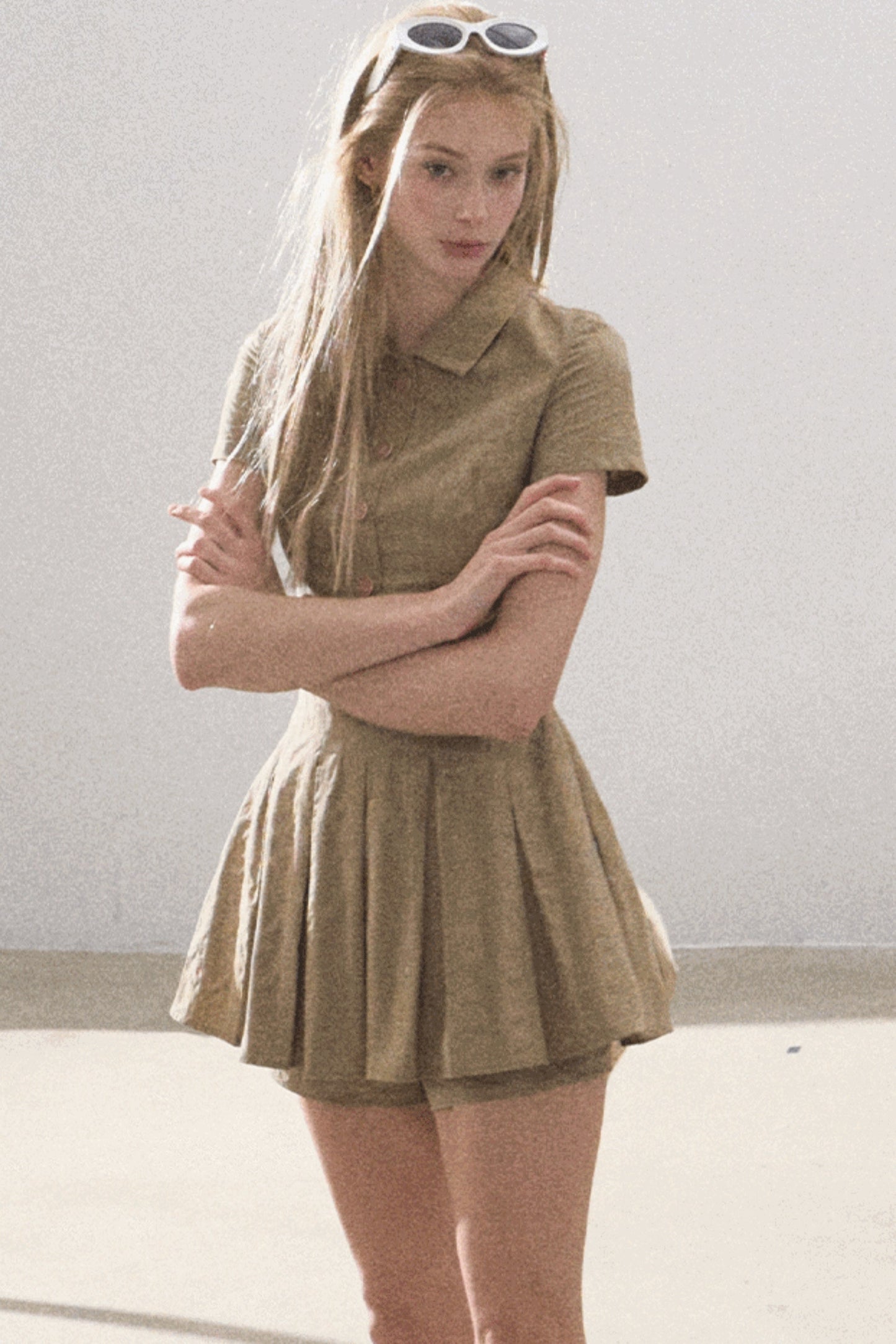 Pleated Textured Shirt Dress