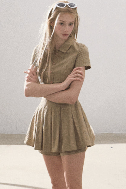 Pleated Textured Shirt Dress