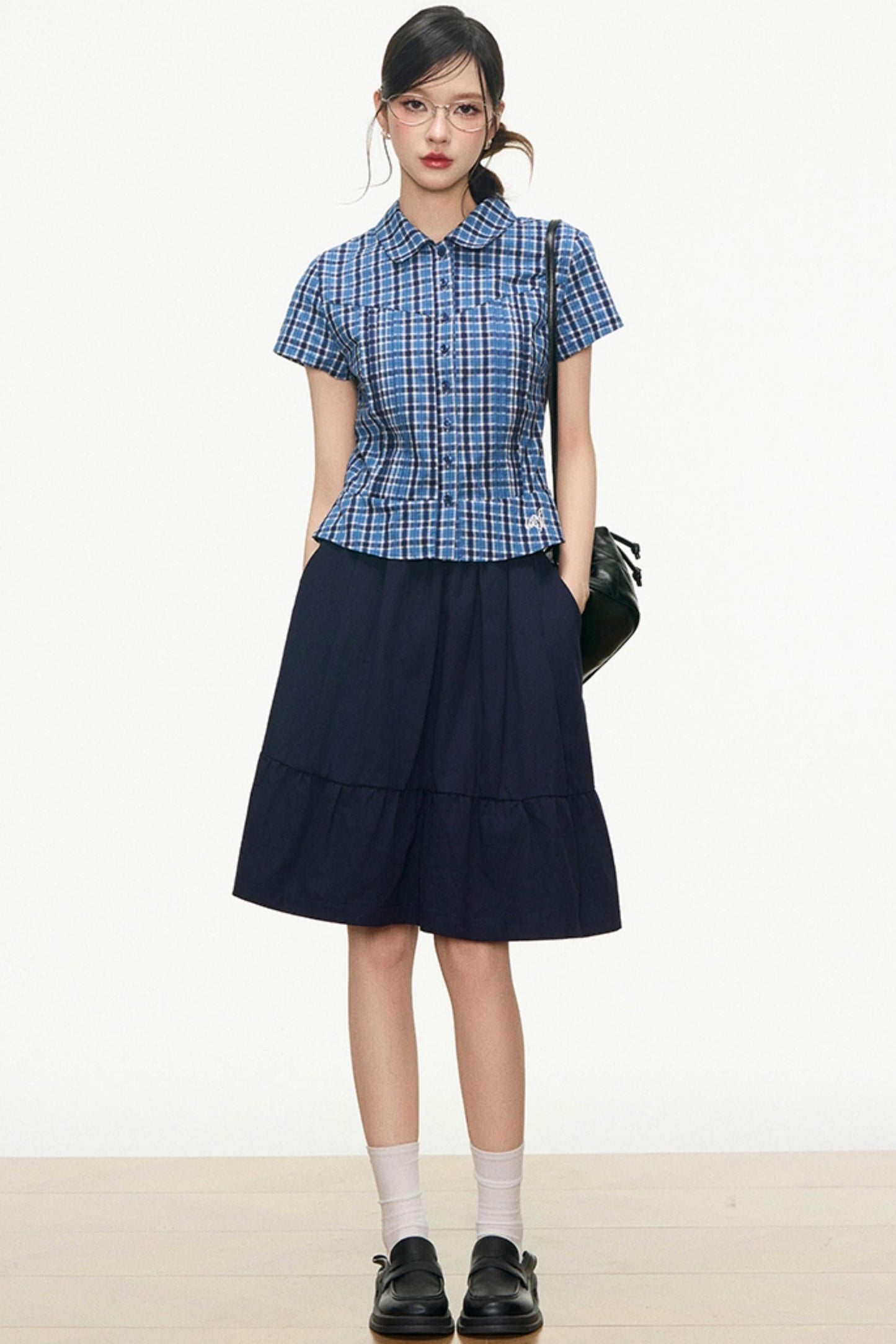 Checked Navy Skirt Shirt Set-Up