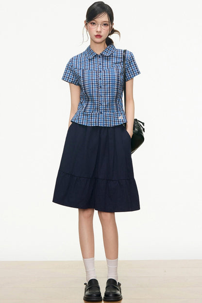 Checked Navy Skirt Shirt Set-Up