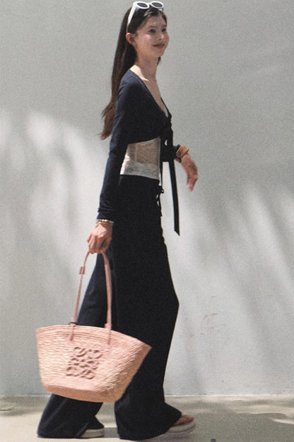 Lace-Up Top &amp; Wide Leg Pants Set-Up